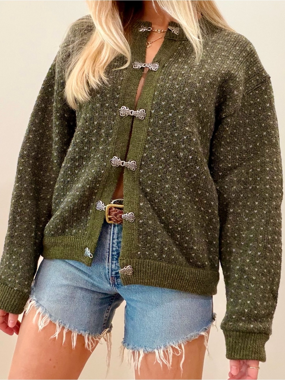 Vintage 80’s L.L. Bean Nordic Birdseye Clasp Wool Cardigan Sweater in Olive